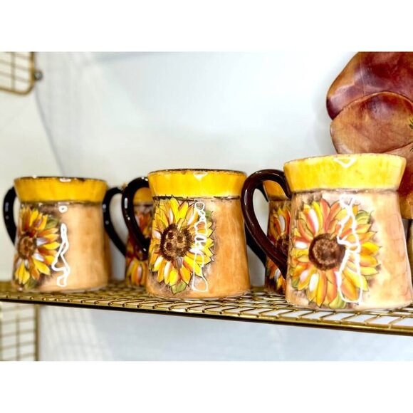 Set of 6 Vintage Clay Art Sunflower Ceramic Mugs HandPainted, Rustic Style - Picture 4 of 10